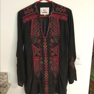 Gray silk multicolor embroidery long sleeve tunic